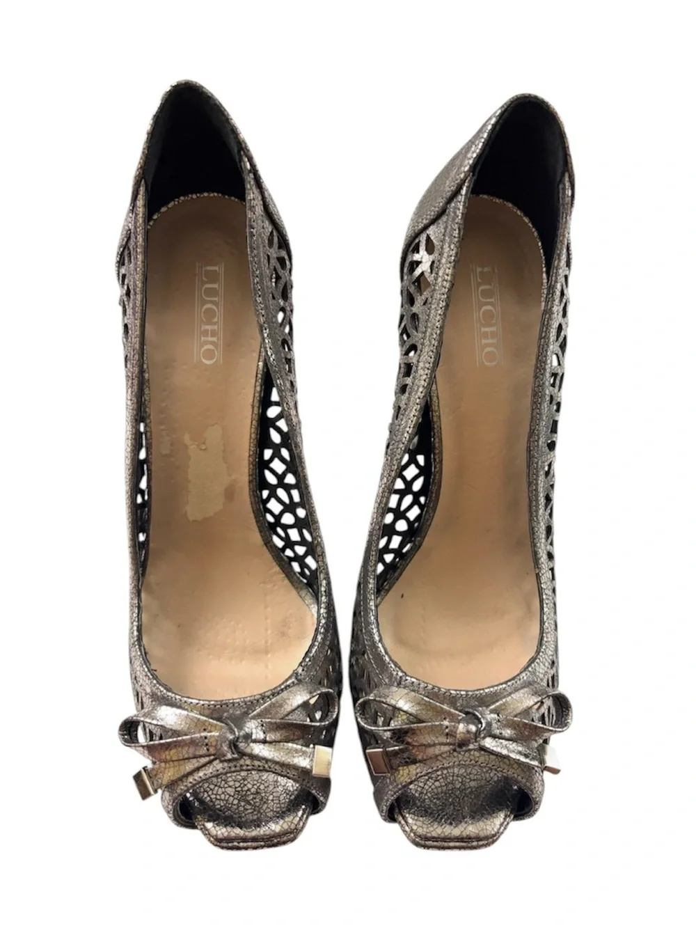 LUCHO Metallic Pewter Laser Cut Peep Toe w/Bow Red Bottom Platform Pumps (9)